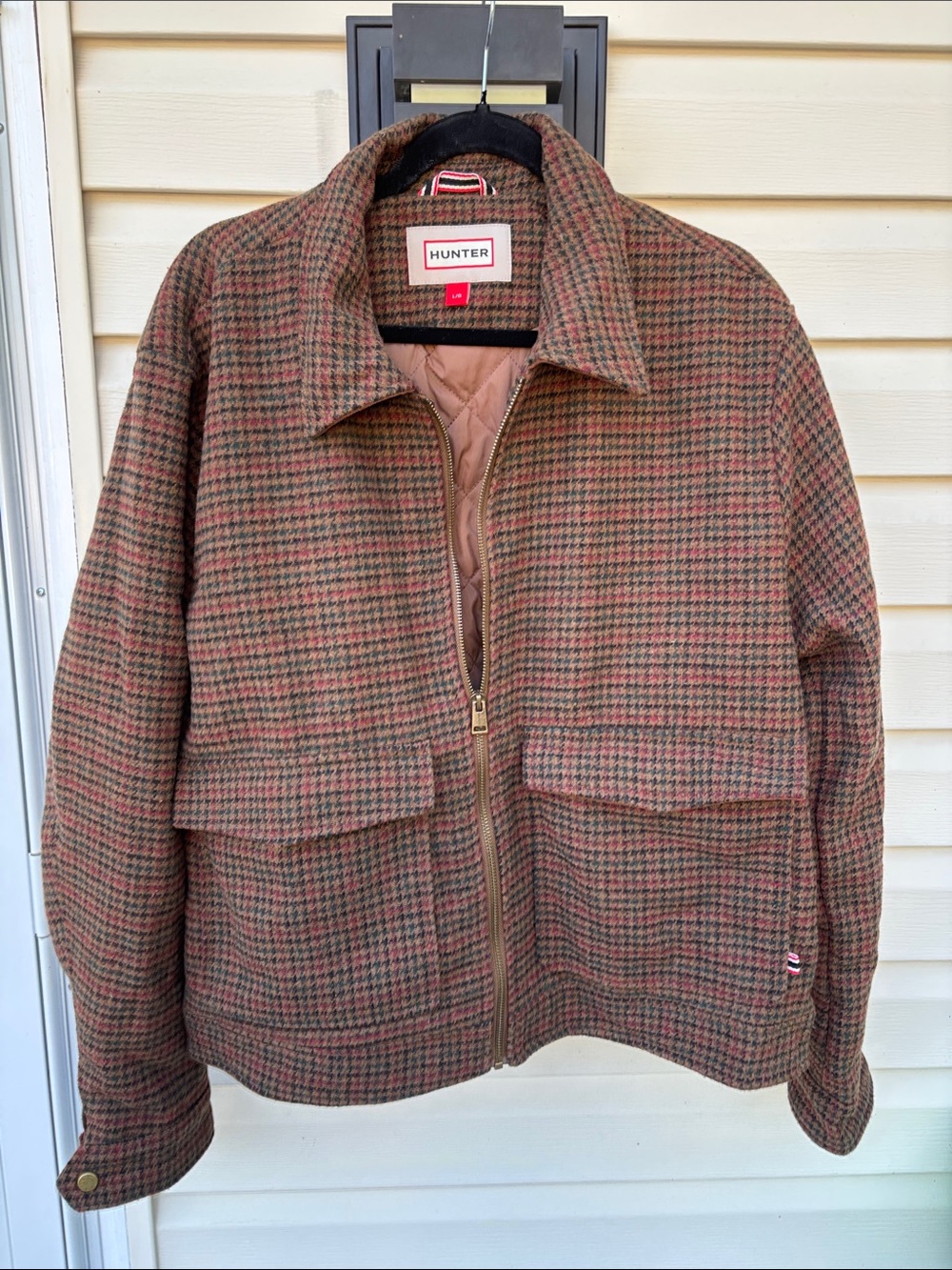 Hunter Men's Brown Wool Blend Houndstooth Full Zip Jacket-L